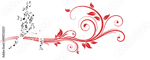 Abstract red floral swirl with flowing musical notes, creative harmony concept illustration combining nature and music, elegant artistic design isolated on white background