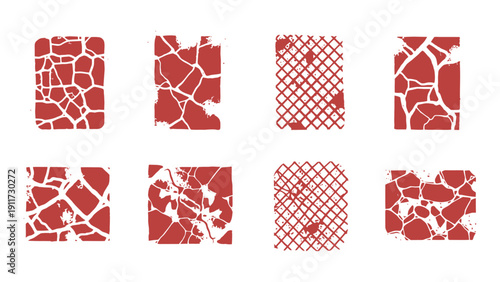 abstract red cracked grunge patterns and distressed elements on white for design illustrating damage and decay.