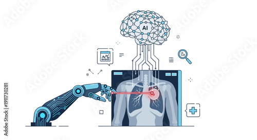 Artificial intelligence and robotic arm performing precise medical diagnosis and treatment on a human body scan, illustrating advanced healthcare technology.