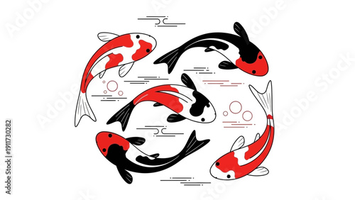 Stylized koi fish illustration in red and black on white background