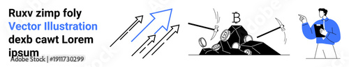 Cryptocurrency growth, blockchain technology, financial data, digital economy, Bitcoin mining, investment trends. Graph arrows rising upward, coins being mined, a person holding a chart