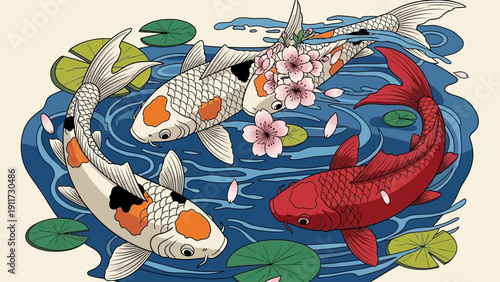 Three ornamental koi fish swimming in water with lily pads and flowers