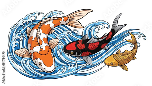 Three ornamental koi fish swimming in waves illustration on white background