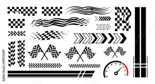 racing design elements vector collection checkered flags speed lines arrows stripes for automotive and sports branding.
