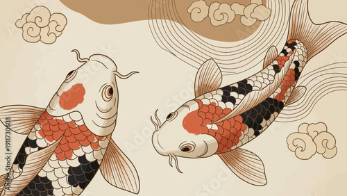 Two koi fish swimming with stylized clouds and water lines background