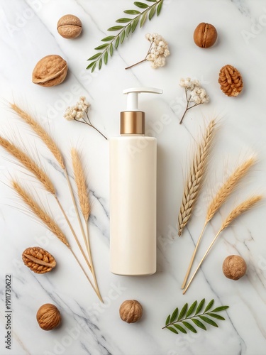 Natural cosmetic lotion bottle surrounded by walnuts wheat and delicate botanical elements on marble