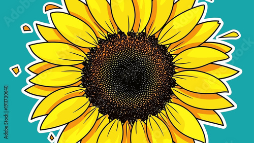 vibrant cartoon sunflower illustration with yellow petals and detailed seed head on a teal background evoking summer joy.
