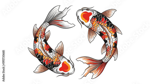 Two ornamental koi fish swimming against white background vector illustration
