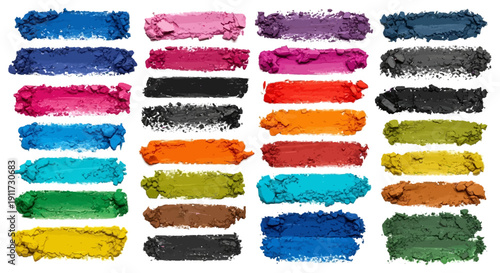 vibrant colorful eyeshadow makeup powder swatches artfully arranged on a white background perfect for beauty and cosmetic advertising