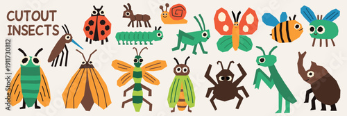 Insect cutout set with bee ladybug ladybird moth and snail simple. Cute insect artwork for kids posters nursery prints and educational design.
