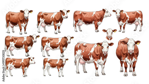 A charming watercolor collection of farm cows, including standing heifers, grazing cattle poses, and natural countryside livestock details.