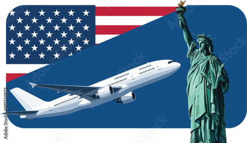 Airplane flying toward Statue of Liberty with United States flag background, travel tourism concept illustration, international flight to America design isolated on white