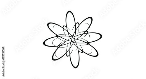Black and white flower line art illustration with abstract petals and geometric shapes on white background