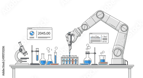 Automated laboratory analysis featuring a robotic arm precisely handling test tubes and beakers with blue liquids, symbolizing advanced scientific research and development.