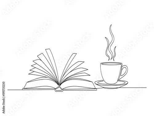A serene reading scene with an open book and steaming cup of coffee