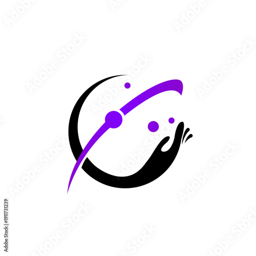 Abstract Letter C Logo Design Featuring a Black Reaching Hand, Purple Swoosh Orbit, and Circular Motion for Care or Technology