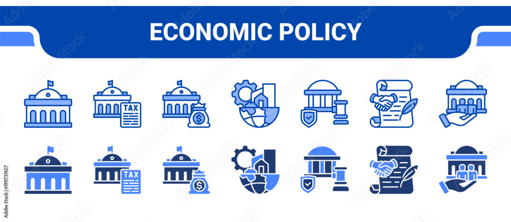 Fototapeta premium Economic Policy Icon Collection, featuring Government, Tax, Budget, Infrastructure, Regulation, Policy, Public service.
