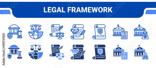 Legal Framework Icon Collection,  featuring Regulation, Law, Constitution, Policy, Resolution, Tax, Budget.