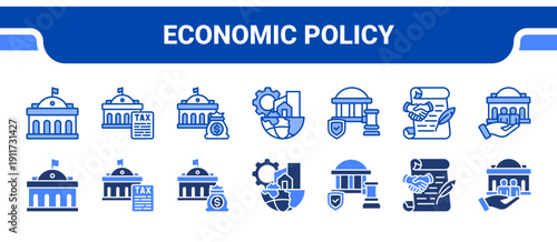 Economic Policy Icon Collection,  featuring Government, Tax, Budget, Infrastructure, Regulation, Policy, Public service.