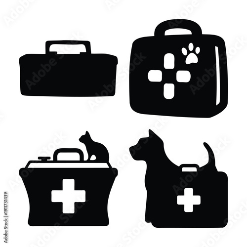 A collection of essential pet first aid and veterinary medical bag silhouettes