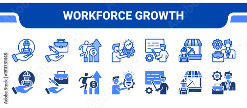 Workforce Growth Icon Collection,  featuring Employment, Job creation, Growth, Skill development, Training program, Labor market, Work experience.