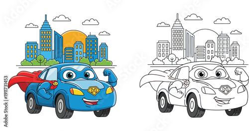 Cute superhero car cartoon character with red cape and city skyline background, colorful and black and white outline for coloring book page, vector illustration.