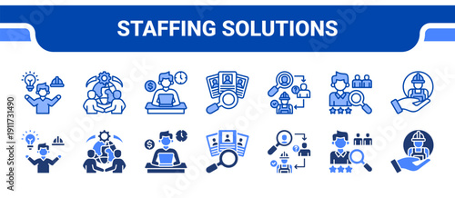 Staffing Solutions Icon Collection,  featuring Staffing, Outsourcing, Freelance, Recruitment, Hiring process, Talent acquisition, Employment.