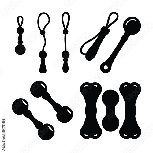 A versatile collection of black silhouette vector icons featuring various pet toys and baby rattles