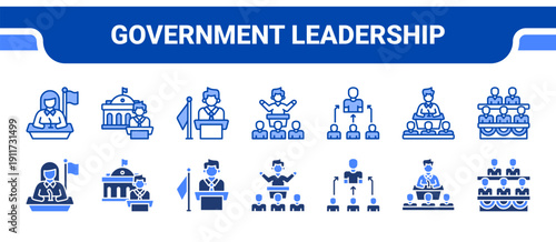 Government Leadership Icon Collection,  featuring Minister, Governor, Mayor, Senator, Representative, Congress, Parliament.