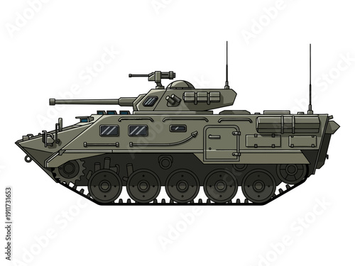 Illustration of an armored personnel carrier with a turret and tracks, showcasing its military design and functionality for transporting troops