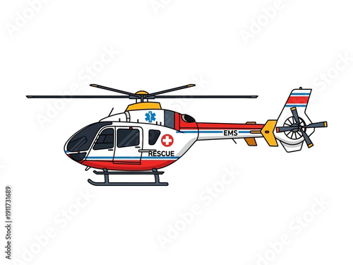 Illustration of a medical rescue helicopter with prominent red cross symbol and EMS text, ready for emergency response missions