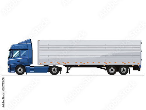 A detailed illustration of a blue semi-trailer truck with a white cargo trailer parked on a white background, showcasing its design and functionality for logistics and transportation