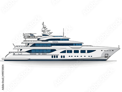 Superyacht illustration with multiple decks and windows against a white background, showcasing luxury and nautical design