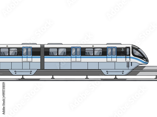 Modern elevated monorail train with sleek blue and white design traveling on a gray elevated track, illustrating futuristic urban transit and public transportation systems