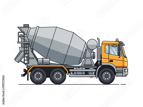 A detailed illustration of a cement mixer truck, a vital piece of construction equipment