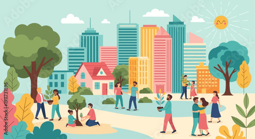 Colorful Urban Park Scene with Diverse People and Modern City Buildings Illustration