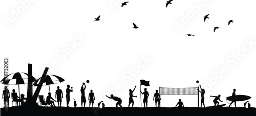 Beach activities silhouette panorama illustration, people playing volleyball, surfing, relaxing under umbrellas, summer vacation lifestyle scene for travel, sports, leisure design