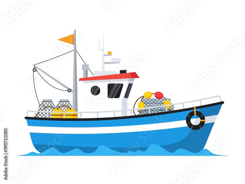A blue and white fishing boat with nets and buoys, ready to head out to sea for a successful catch, depicted in a clean illustration style