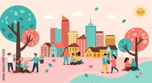 Vibrant City Park with Multicultural Community and Contemporary Architecture Illustration