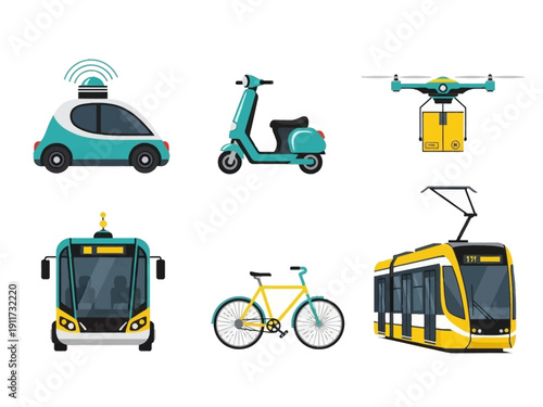Collection of modern and traditional transportation icons including autonomous car, scooter, drone delivery, bus, bicycle, and tram