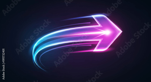 Vibrant neon arrow pointing rightward with glowing effect on dark background, conveying motion and direction, depicted in 3D illustration style