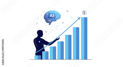 Conceptual illustration depicting a human silhouette interacting with an upward-trending bar graph, symbolizing growth and artificial intelligence integration in business.