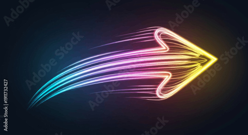 Vibrant arrow icon speeding forward with motion blur effect in a dark environment