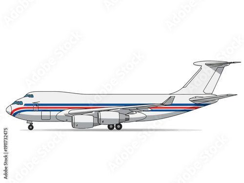 Illustration of a white cargo airplane with red and blue stripes on its tail and windows, viewed from the side against a white background