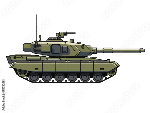 A detailed illustration of a modern military tank, showcasing its heavy armor and powerful cannon, ready for action