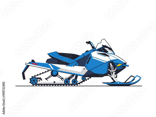 A blue and white snowmobile parked on a white background, ready for winter adventures