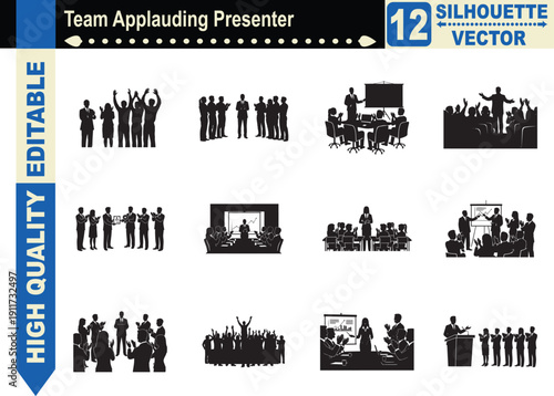 Silhouette set of a business team applauding a presenter, symbolizing professional appreciation, successful meetings, and corporate recognition.