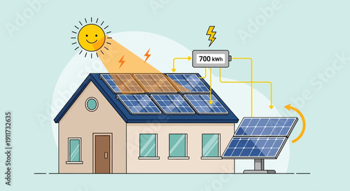 Modern House with Rooftop Solar Energy System and Sun Tracking Technology Vector Illustration