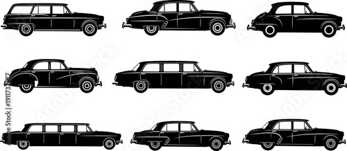 Classic Vintage Car Silhouettes Vector Collection Set of Retro Automobiles Side View Black Icons Isolated on White Background for Design