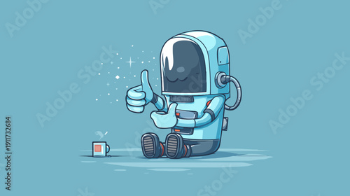 A smiling astronaut with a thumbs up, a coffee mug, and star dust on a blue background